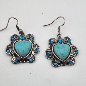 Faux Turquoise Silver Tone Blue‎ Rhinestone Heart Earrings